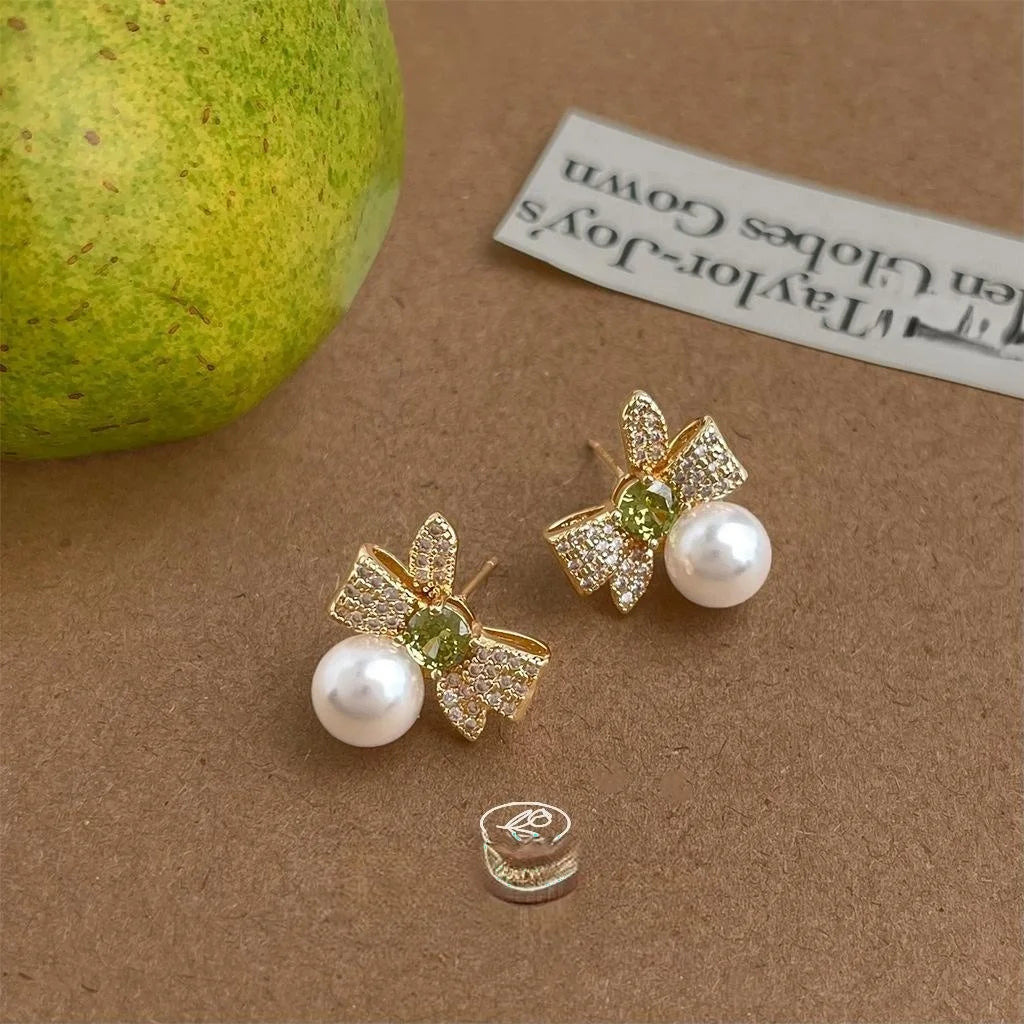 14K Plated Copper Bow Pearl Stud Earrings With Micro Pave Zircon, Sweet Fashion Jewelry