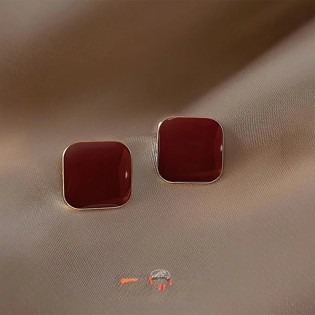 14K Plated Square Burgundy Enamel Stud Earrings Copper Vintage Minimalist