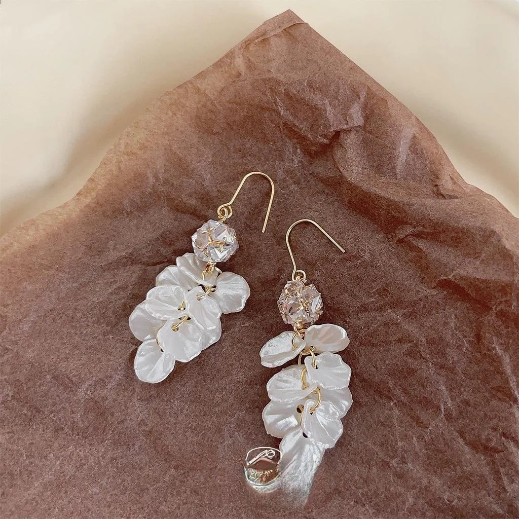 Sweet Forest Style Zircon Resin Flower Leaf Tassel Drop Earrings Handmade Long Jewelry