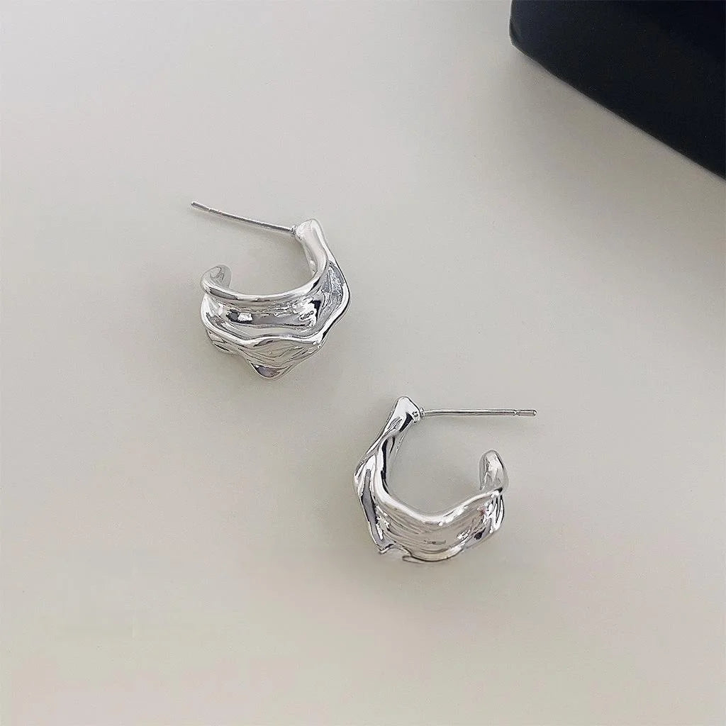 Minimalist Silver Plated Copper Irregular Geometric Wrinkle Drop Earrings For Women