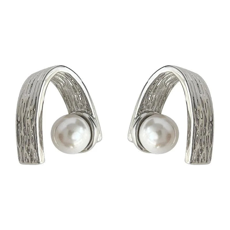 Niche Designer Geometric Textured Copper Glass Pearl Drop Earrings For Women Ring Line Fashion Jewelry