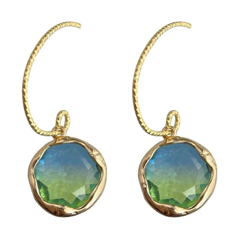French Vintage Gradient Glass Crystal Geometric Round Copper Drop Earrings