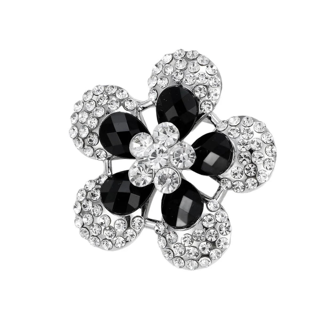 Luxury Black Flower Rhinestone Alloy Brooch, Elegant Crystal Lapel Pin Corsage Suit Accessory Gift