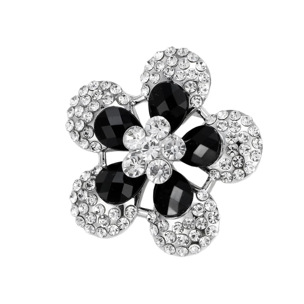 Luxury Black Flower Rhinestone Alloy Brooch, Elegant Crystal Lapel Pin Corsage Suit Accessory Gift