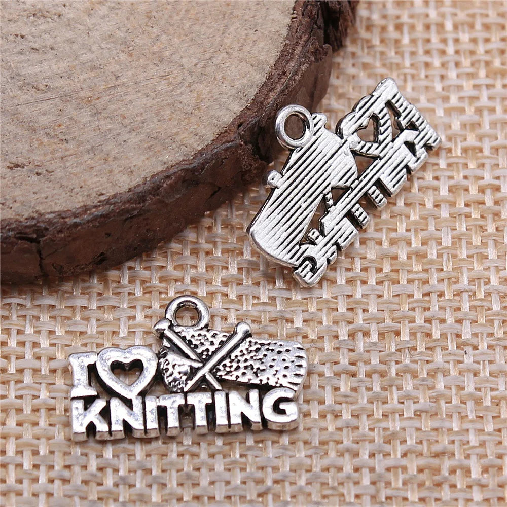 20x12mm 1.3g Antique Silver Zinc Alloy I Love Knitting Letter Charm Pendant for DIY Jewelry Making