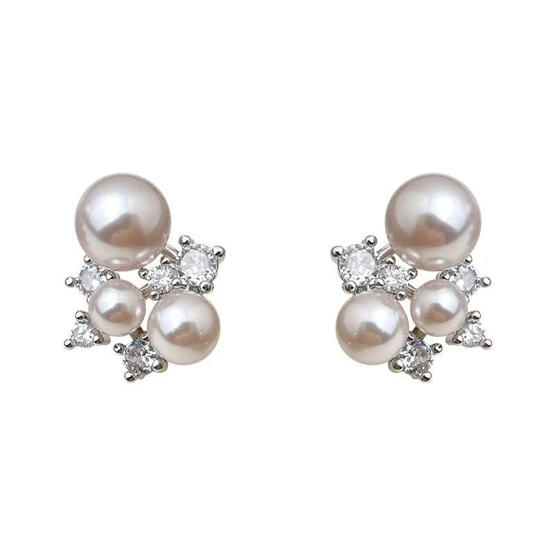 Light Luxury Geometric Round Rose Pearl Micro Pave Zircon Copper Stud Earrings
