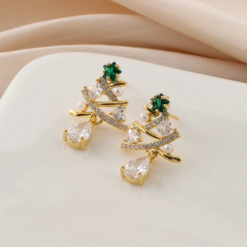 Luxury Gold Alloy Green Zircon Christmas Tree Pearl Waterdrop Stud & Clip On No Piercing Earrings