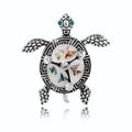 Vintage Sea Turtle Brooch With Mother Of Pearl Shell And Rhinestones, Antique Silver Alloy Lapel Pin Gift