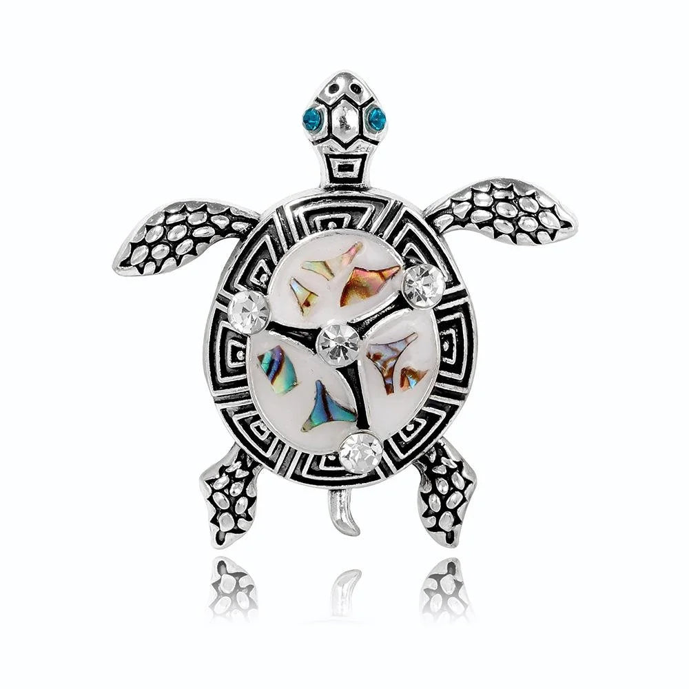Vintage Sea Turtle Brooch With Mother Of Pearl Shell And Rhinestones, Antique Silver Alloy Lapel Pin Gift
