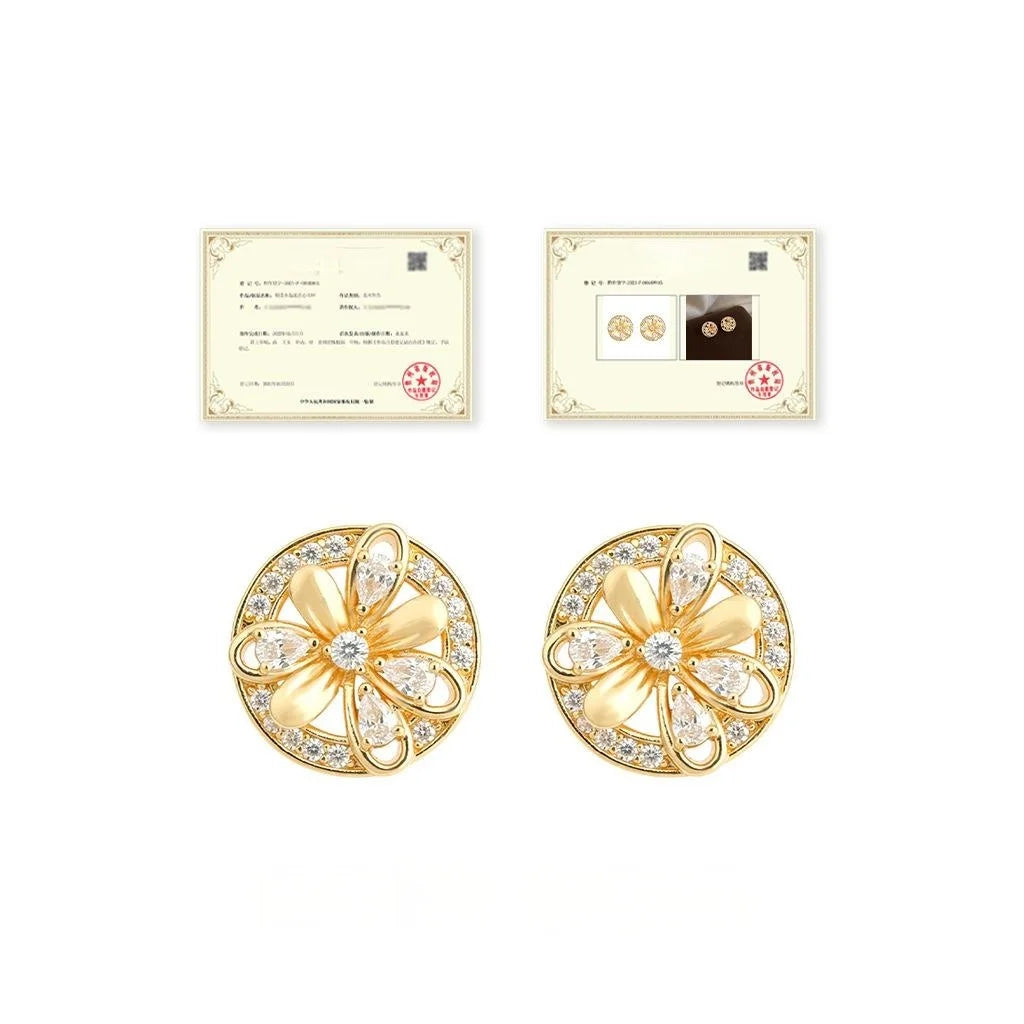 Old Money Vintage Floral Round Zircon Micro Pave Copper Stud Earrings