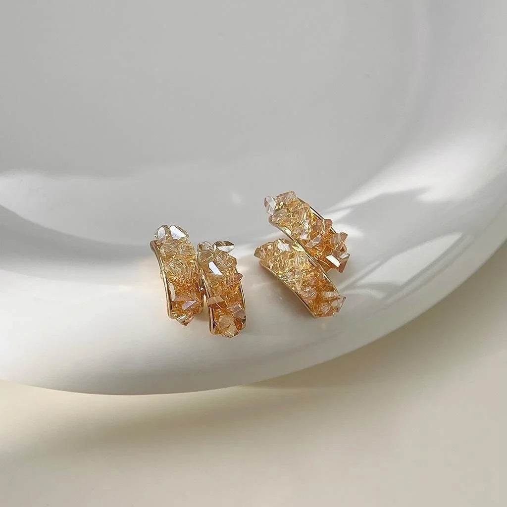 14K Plated Copper Glass Crystal Geometric Semicircle Stud Earrings Sweet Handmade Design