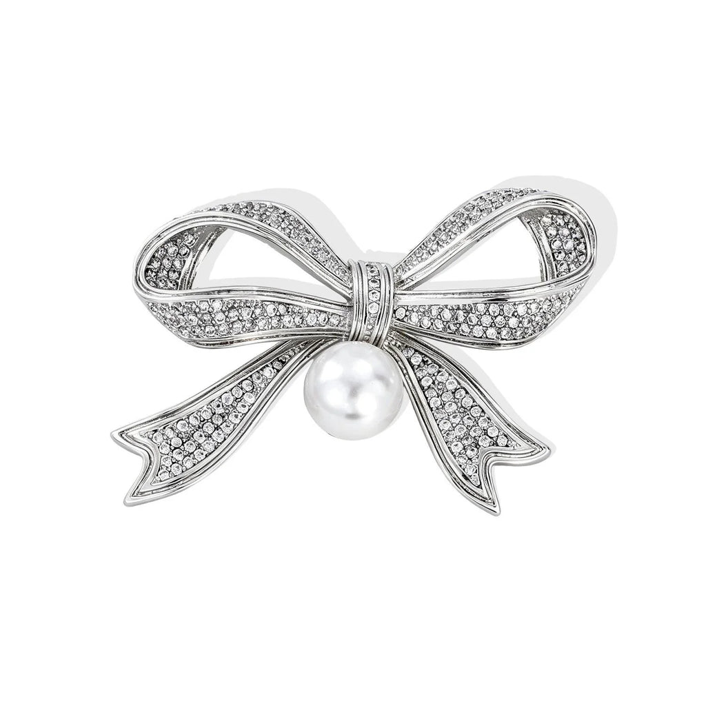 Elegant Pearl Bow Brooch With Rhinestone Pave Copper Plated Lapel Pin For Wedding Corsage Gift