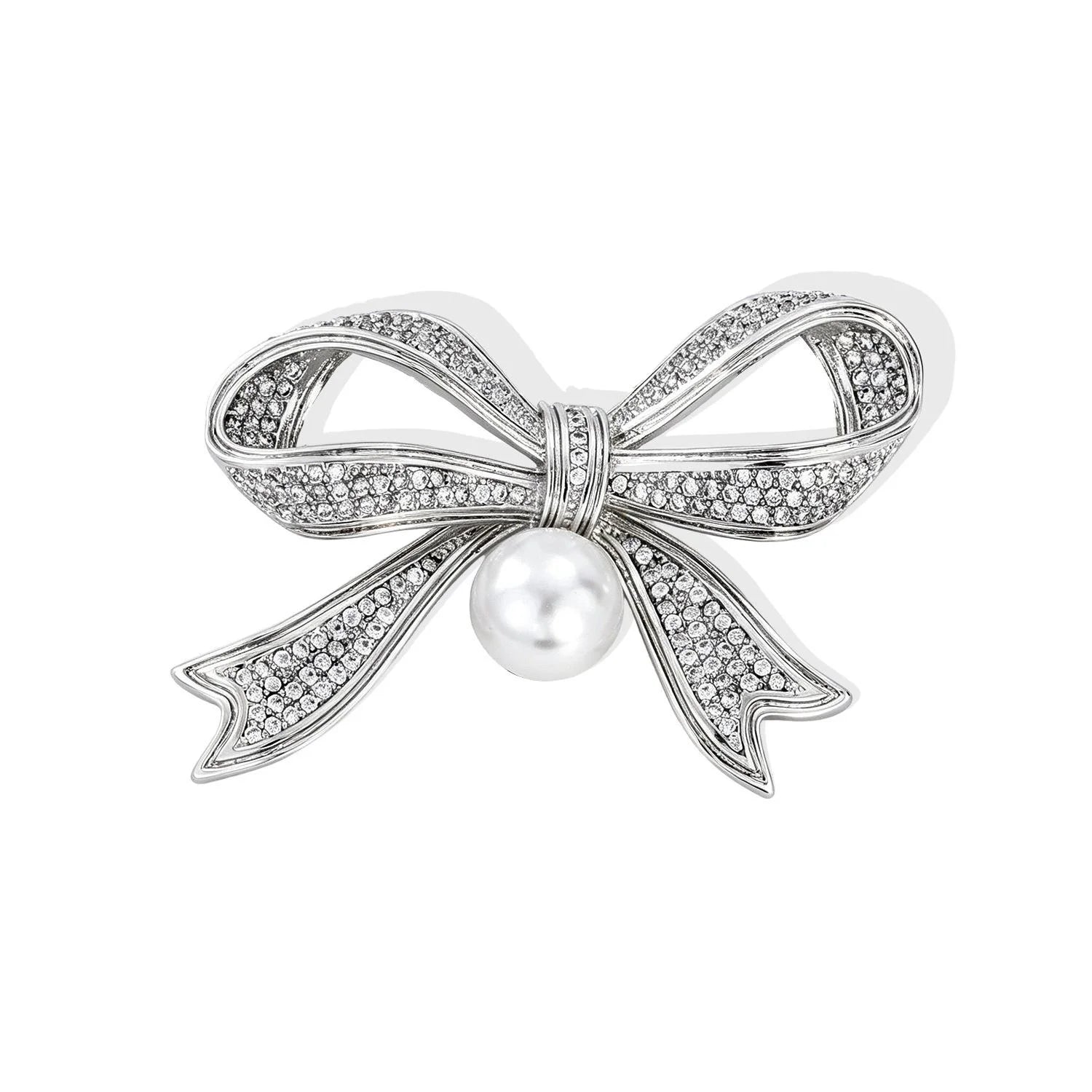 Elegant Pearl Bow Brooch With Rhinestone Pave Copper Plated Lapel Pin For Wedding Corsage Gift