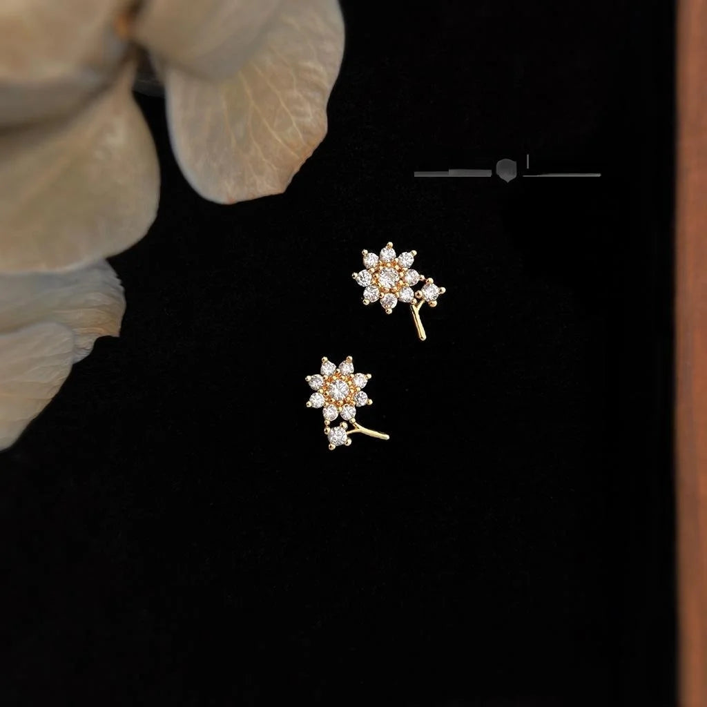 14K Plated Copper Micro Pave Zircon Flower Stud Earrings, Petite Chic Floral Petal Jewelry