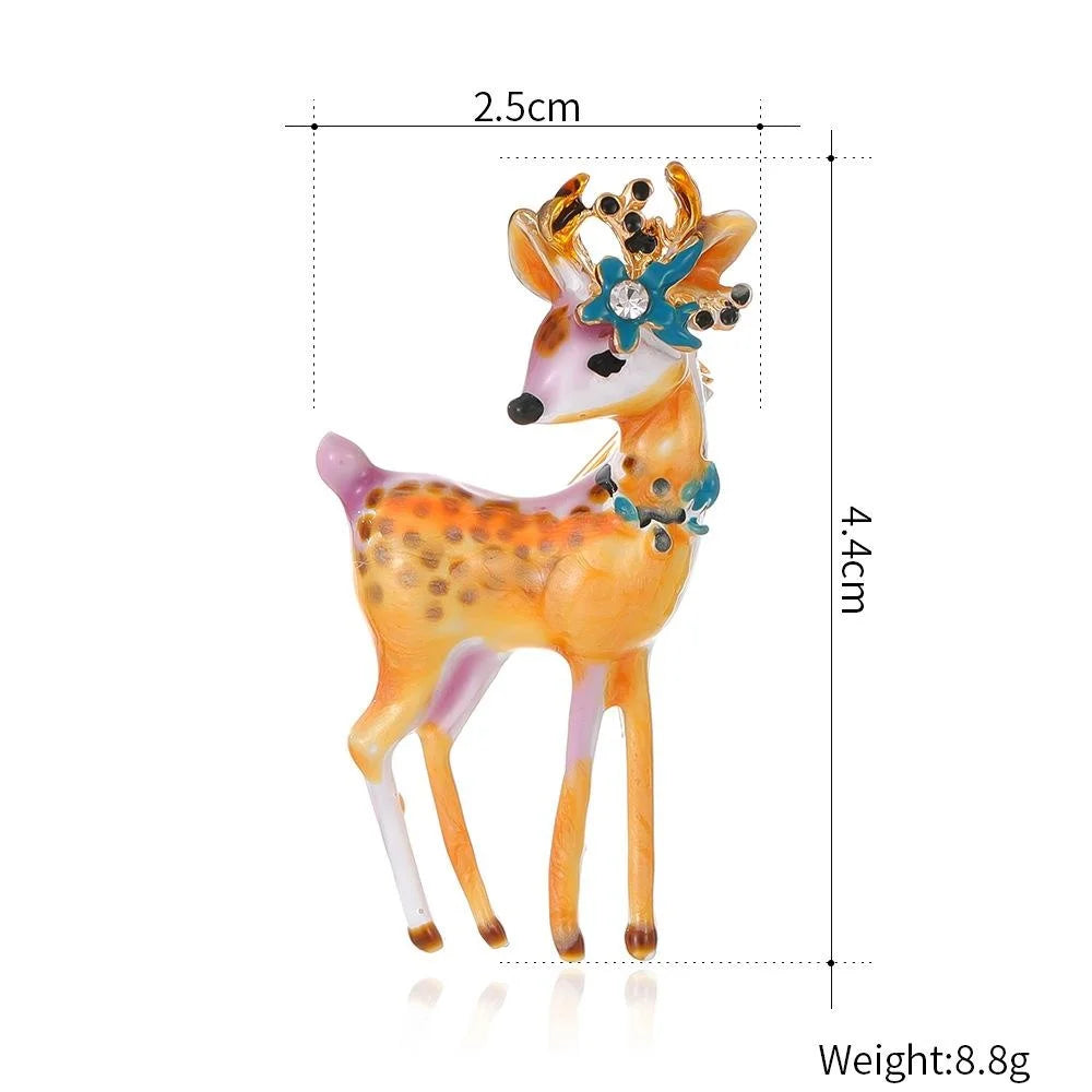 Cute Enamel Sika Deer Brooch With Rhinestone Flower, Alloy Animal Lapel Pin Corsage Gift Suit Accessory