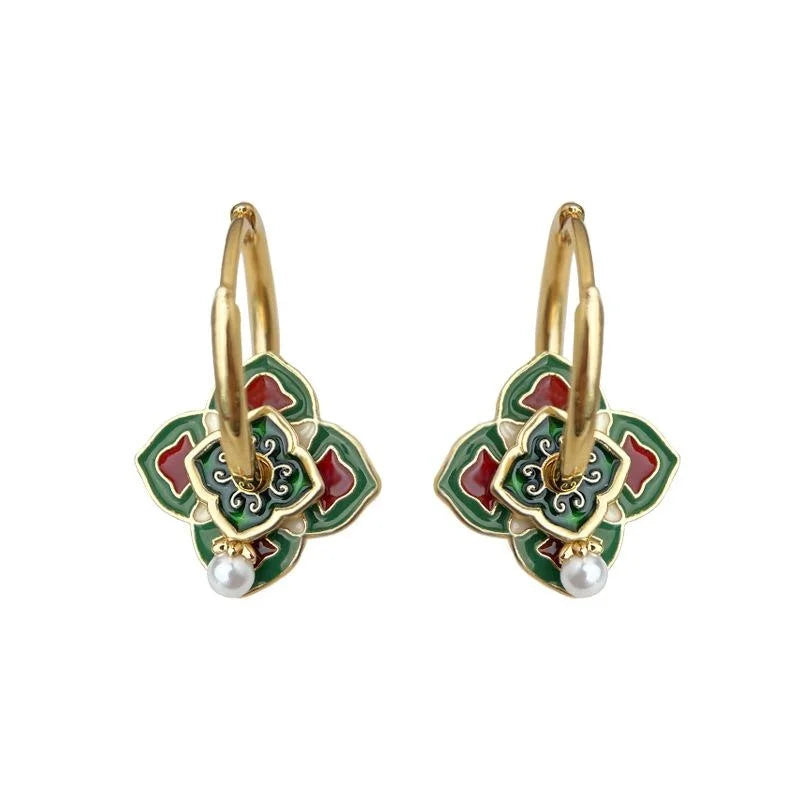 New Chinese Ethnic Octagon Enamel Pearl Stud Earrings Geometric Electroplated Jewelry