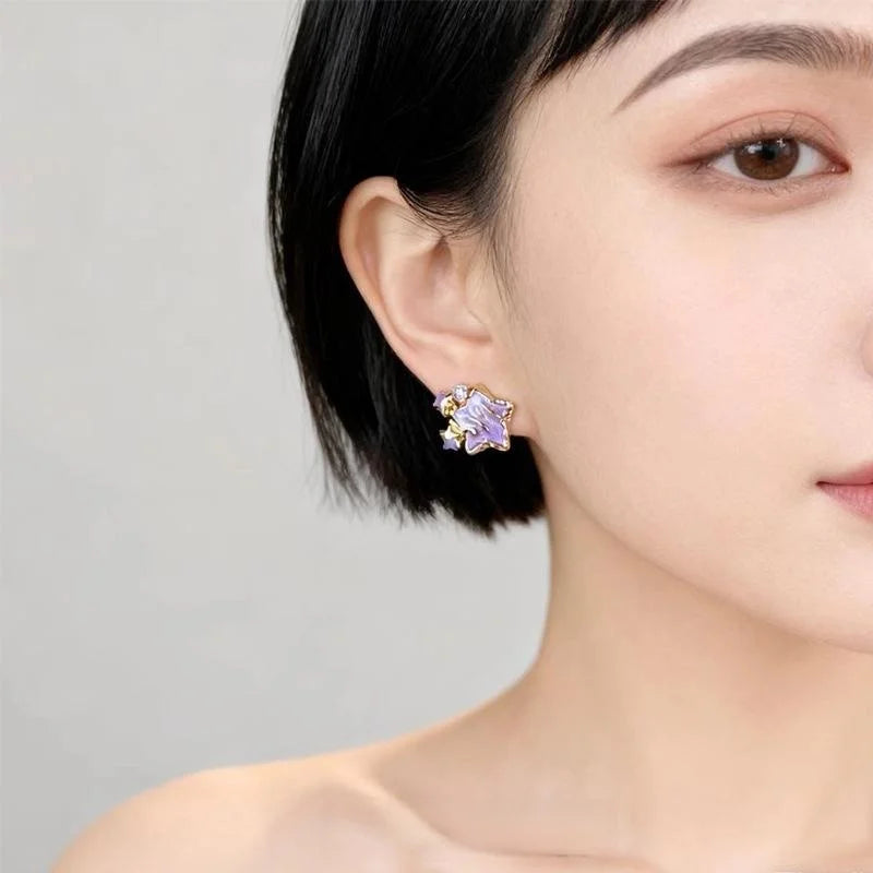 Purple Gradient Enamel Star Stud Earrings With Zircon Inlay Sweet Girl Copper Jewelry