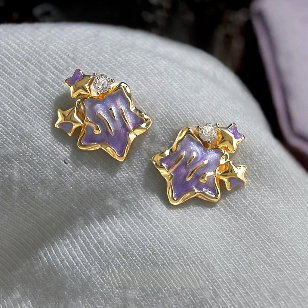 Purple Gradient Enamel Star Stud Earrings With Zircon Inlay Sweet Girl Copper Jewelry