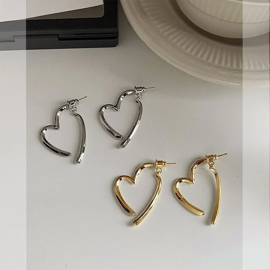 14K Plated Copper Heart Stud Earrings, Two-Way Minimalist Fashion Ear Jewelry