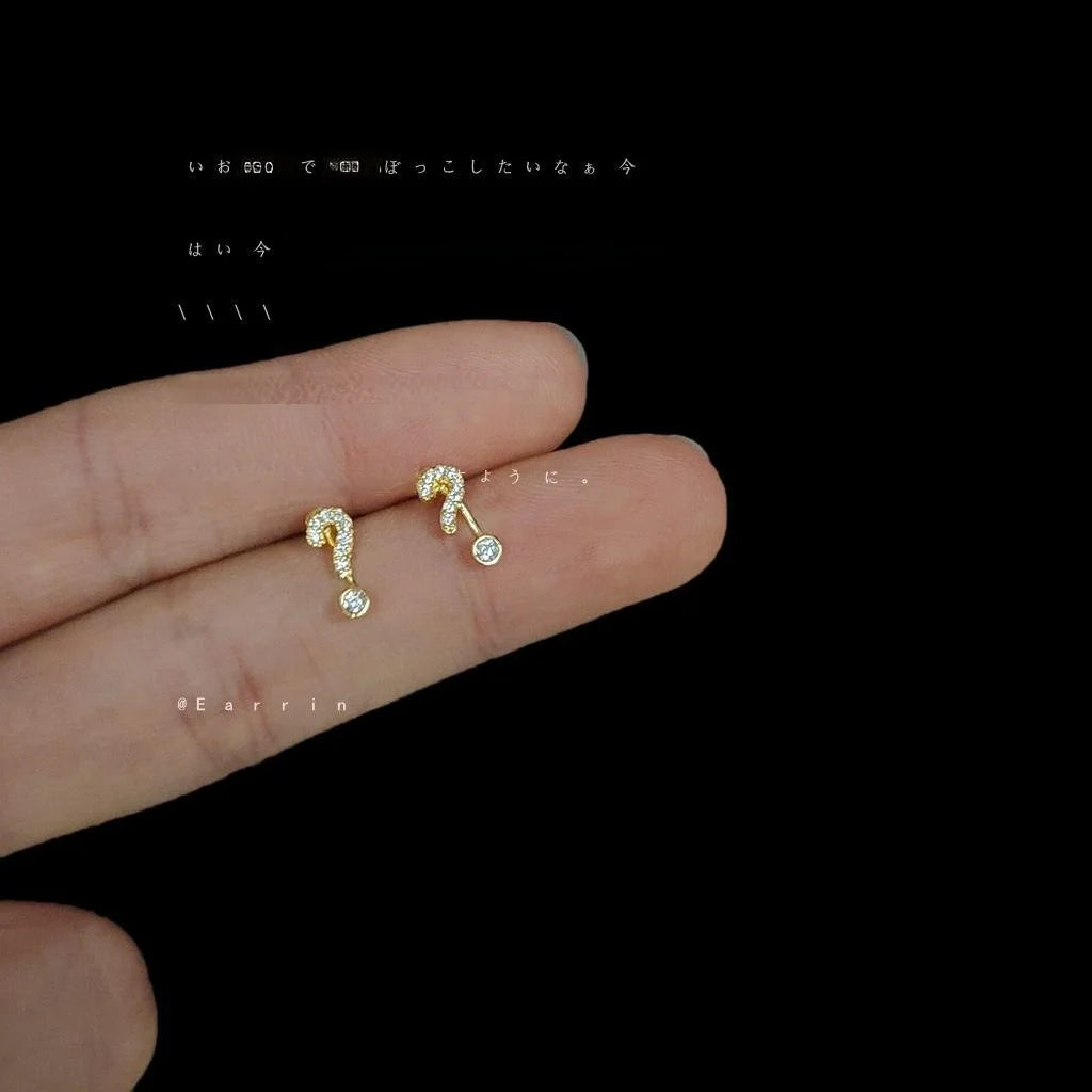 Mini Micro Pave Zircon Silver Plated Copper Question Mark Stud Earrings Cute Minimalist Jewelry