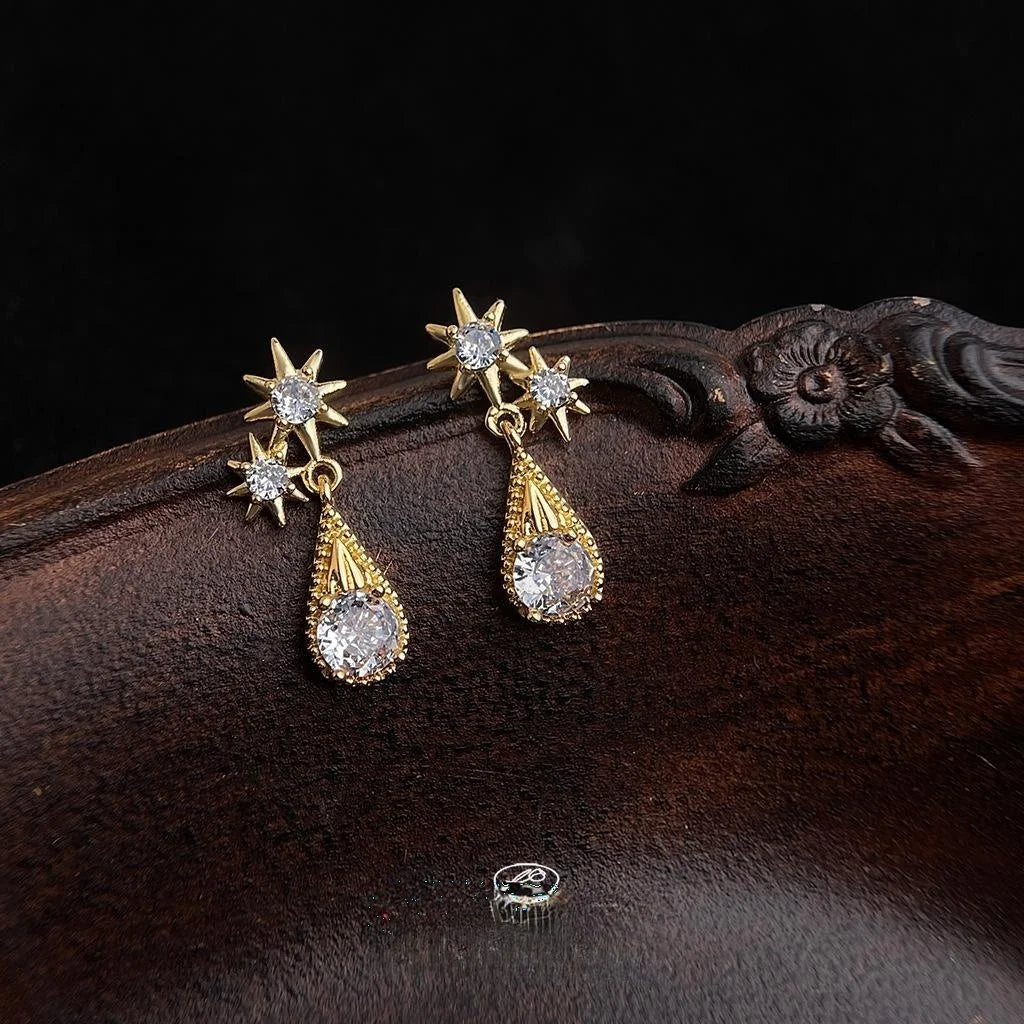 14K Gold Plated Copper Star Teardrop Micro Pave Zircon Drop Earrings