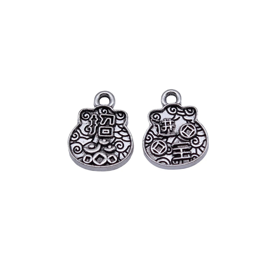 15x12mm 1g Antique Silver Zinc Alloy Fortune Bag Double Sided Charm Pendant for Necklace Bracelet DIY