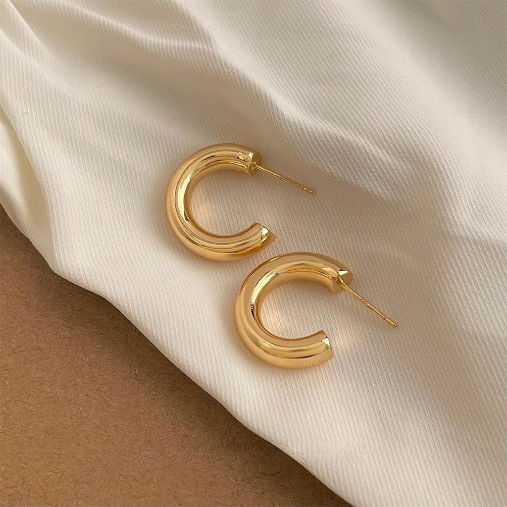 Minimalist 14K Plated Copper C-Shaped Round Geometric Drop Earrings