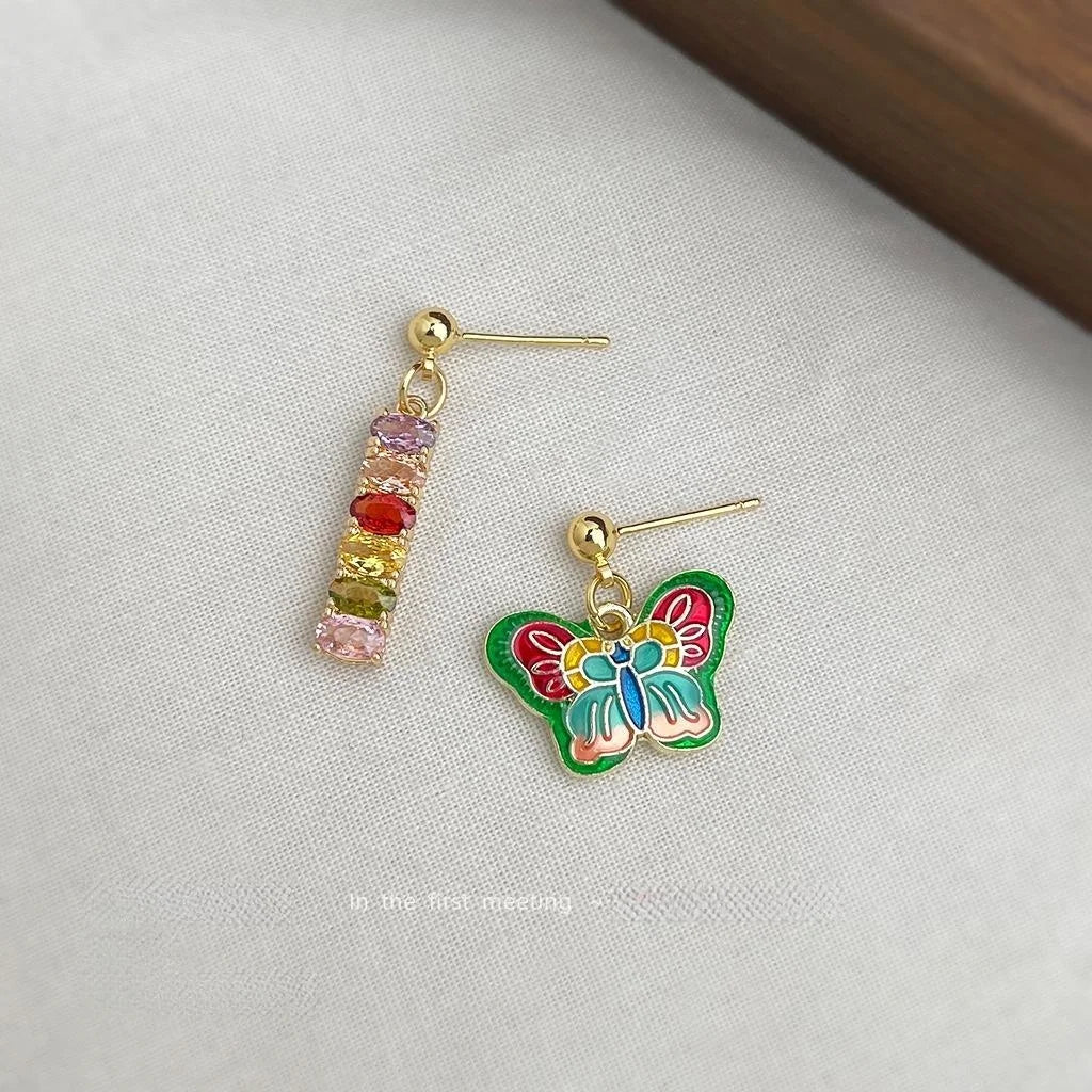 14K Gold Plated Copper Colorful Enamel Zircon Asymmetric Butterfly Stud Earrings