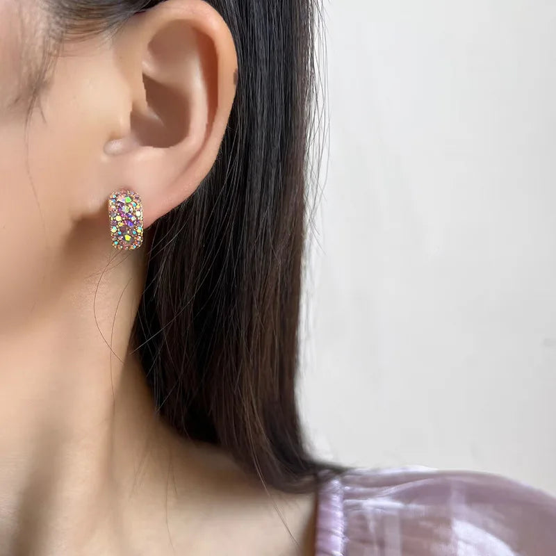 Luxury Iridescent Rhinestone Rectangular Hoop Stud & Clip On No Piercing Spiral Alloy Earrings