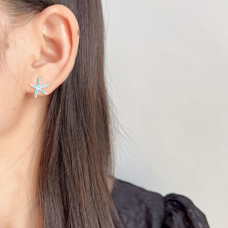Elegant Blue Zircon Starfish Stud & Clip On No Piercing Beach Vacation Alloy Fashion Earrings