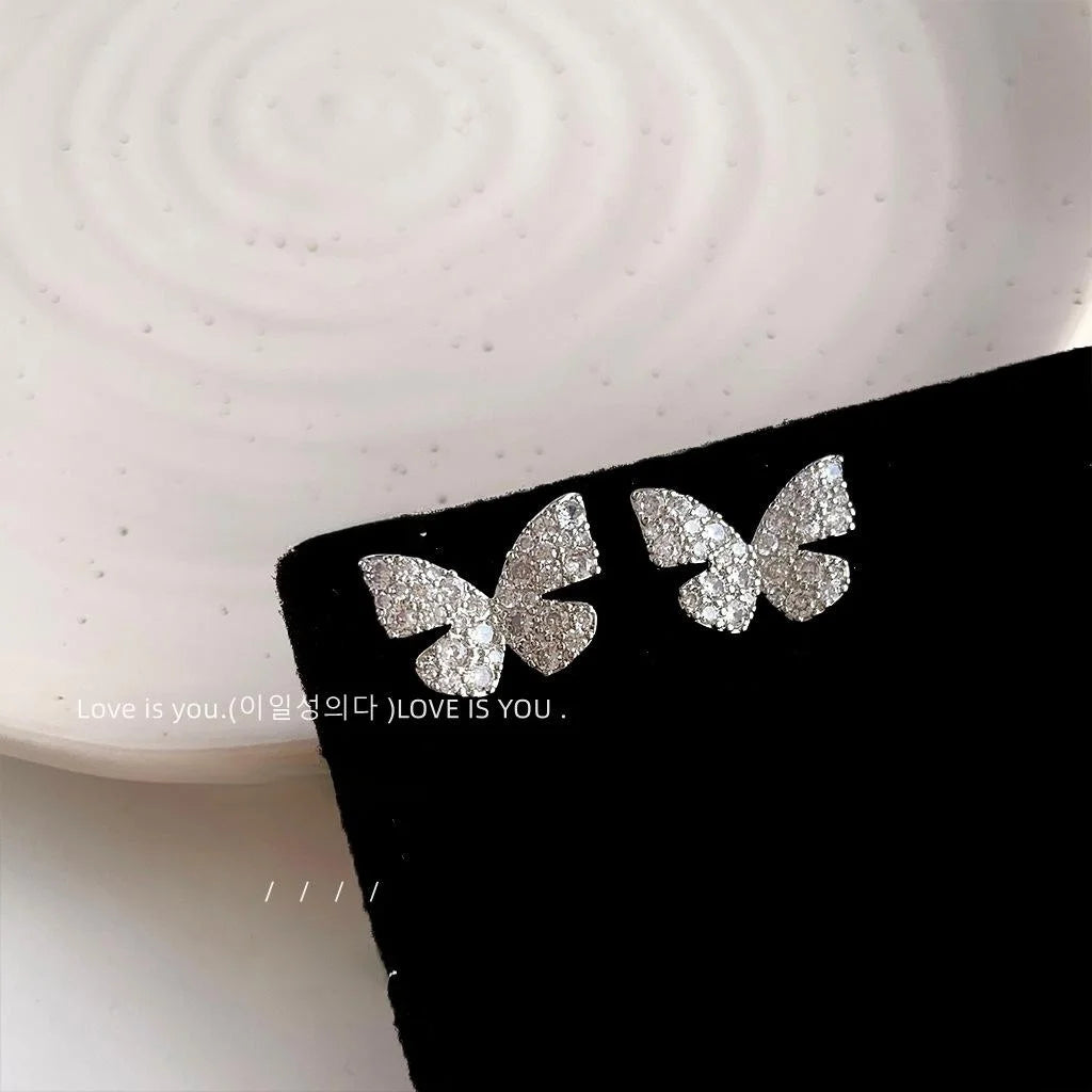French Light Luxury Micro Pave Zircon Butterfly Copper Stud Earrings For Women