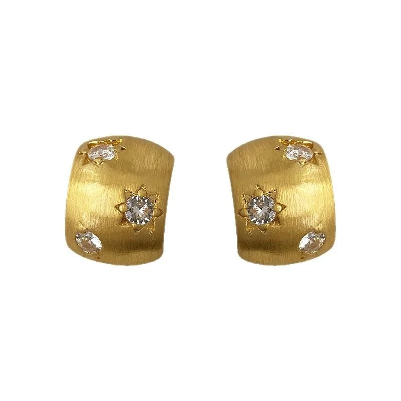 14K Gold Plated Copper Micro Pave Zircon Brushed Matte Geometric Half Hoop Stud Earrings