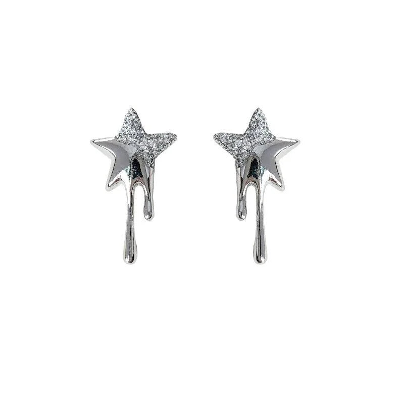 Silver Plated Copper Zircon Five Point Star Stud Earrings Minimalist Sweet Cool Jewelry
