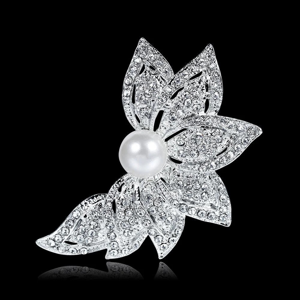 Elegant Silver Plated Alloy Pearl Flower Brooch With Rhinestones, Women's Lapel Pin Corsage Suit Accessory
