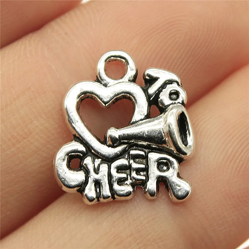17x16mm 1.8g Antique Silver Zinc Alloy I Heart To Cheer Charm Pendant for DIY Sports Jewelry Making