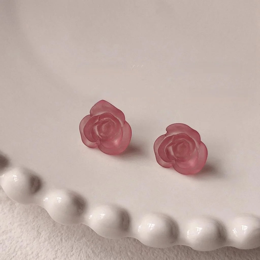 French Sweet Flower Acrylic Resin Stud Earrings With Silver Plated Pins
