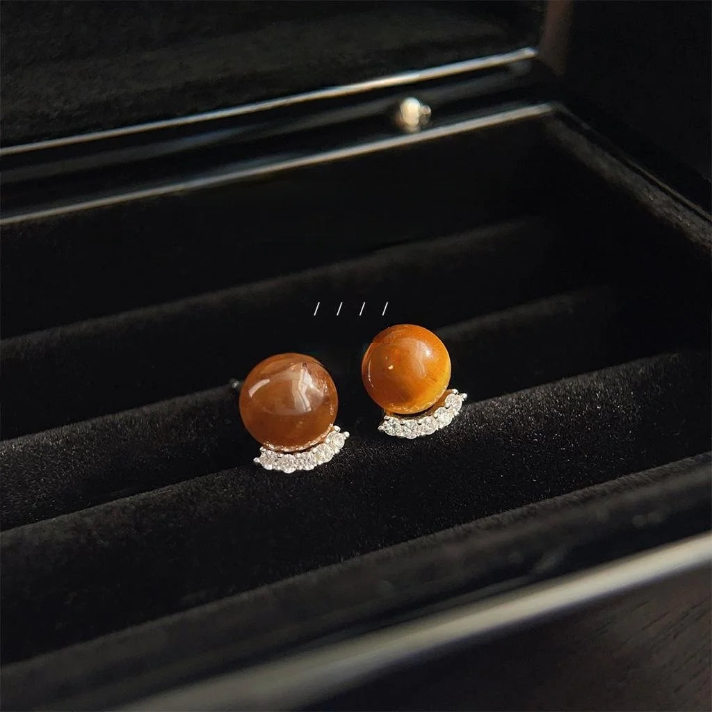 Maillard Style Tiger Eye Stone Stud Earrings With Zircon Micro Pave Round Geometric French Jewelry