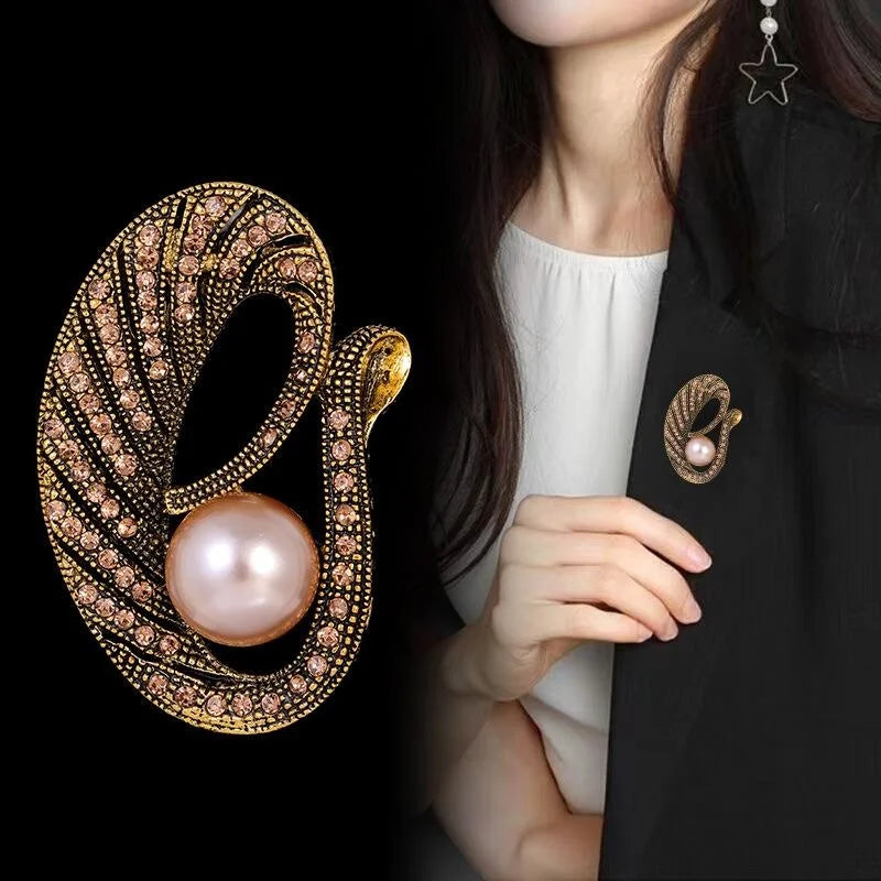 Vintage Gold Alloy Peacock Feather Brooch With Pearl And Champagne Rhinestones, Elegant Lapel Pin Gift