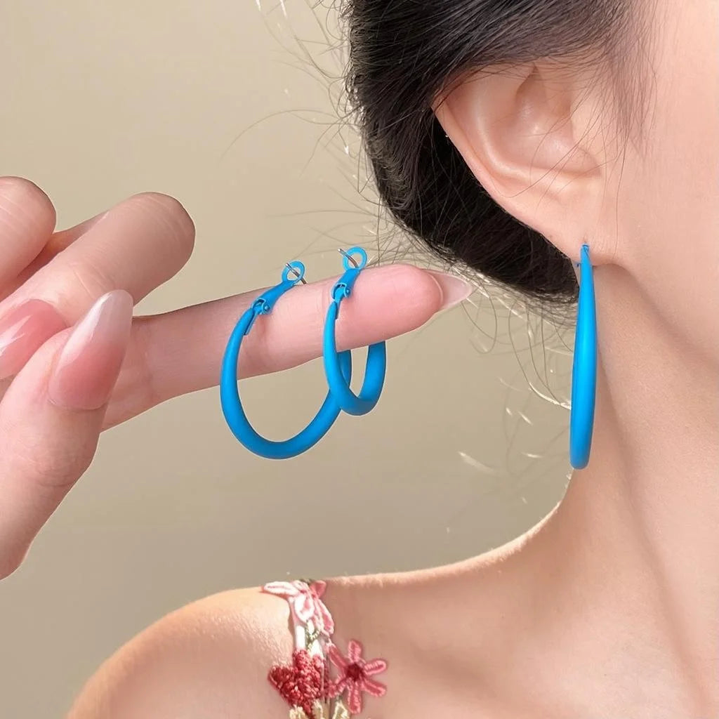 Haze Blue Enamel Metal Geometric Round Drop Earrings For Women Vacation Style Jewelry
