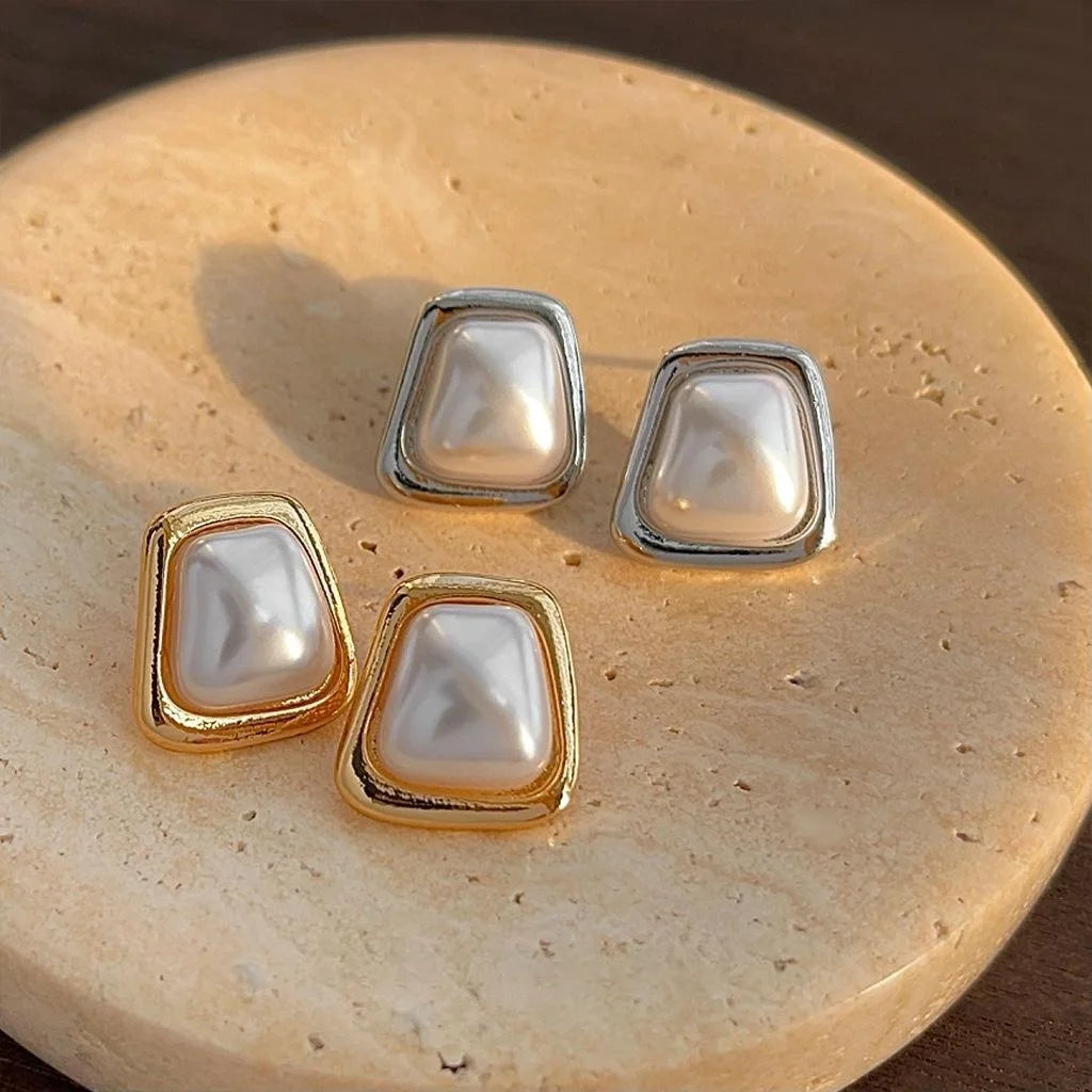 Luxury Geometric Square Pearl Stud Earrings Silver Plated Copper French Minimalist Jewelry