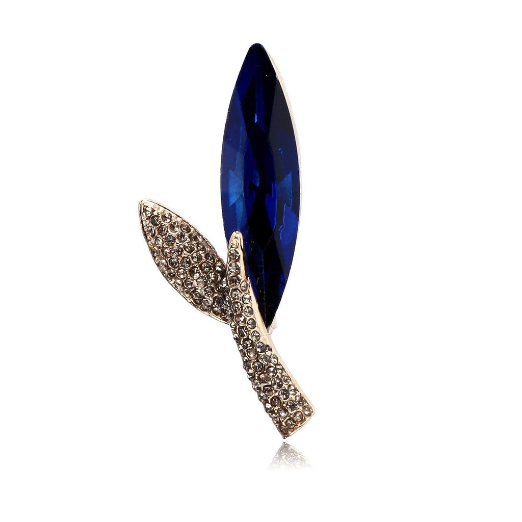 Luxury Blue Crystal Leaf Brooch With Rhinestone Alloy Stem, Elegant Lapel Pin Corsage For Suit Accessory Gift