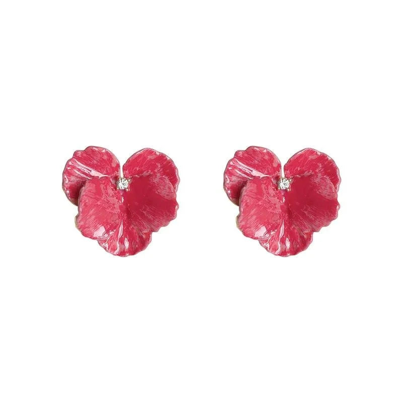 Clip On Copper Flower Drop Earrings Handmade Enamel Korean Japanese Statement Jewelry