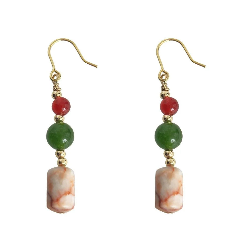 Handmade New Chinese Style Red Green Agate Natural Stone Geometric Tassel Drop Earrings for Women