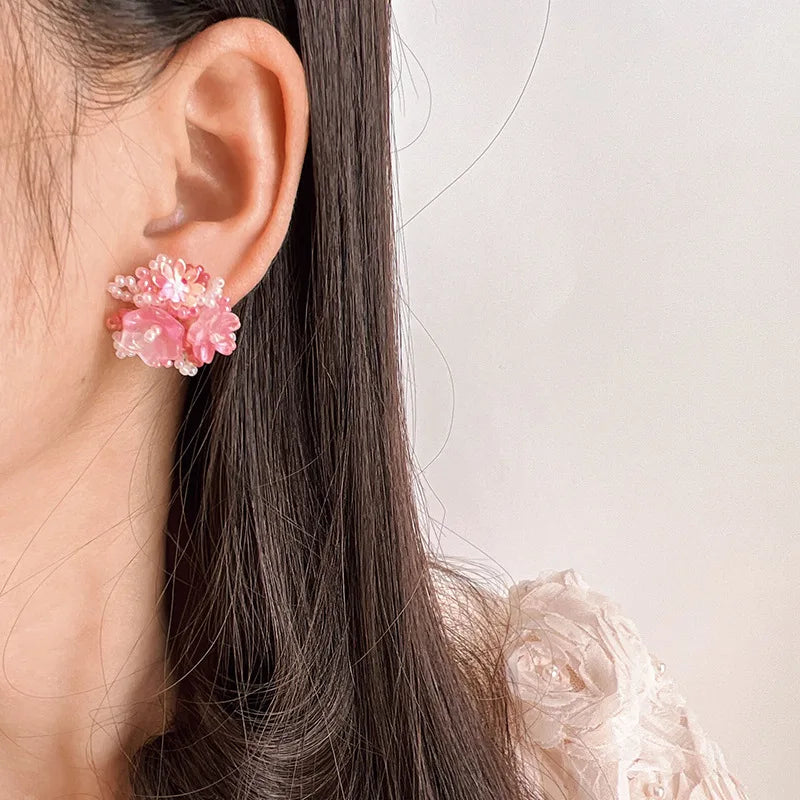 Elegant Pink Beaded Flower Alloy Stud & Clip On No Piercing Handmade Spiral Pearl Drop Earrings