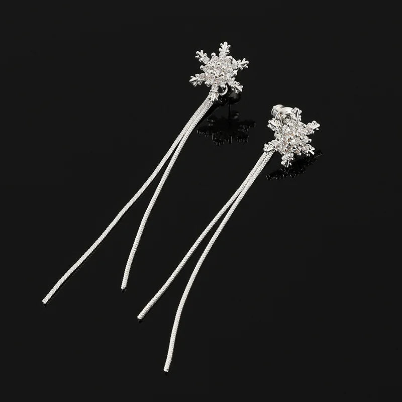 Elegant Rhinestone Snowflake Long Tassel Stud & Clip On No Piercing Face Slimming Drop Earrings