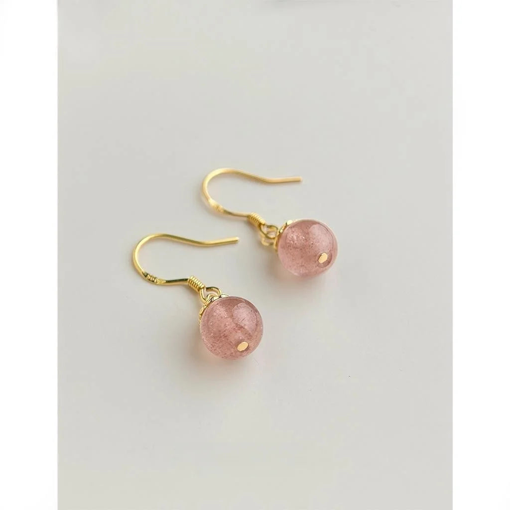 Handmade Copper Strawberry Quartz Tassel Drop Earrings, Sweet Geometric New Chinese Style