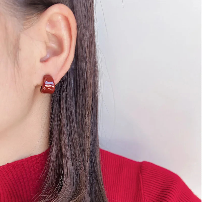 Elegant Burgundy Enamel Spiral Hoop Stud & Clip On No Piercing Chunky C Shape Alloy Ear Cuff Earrings