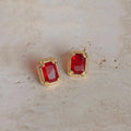 Vintage French Palace Red Glass Crystal Geometric Square Window Frame Stud Earrings
