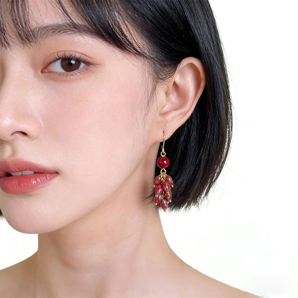 Handmade Chinese Style Fiery Red Glass Beaded Long Tassel Drop Earrings With Copper Hooks