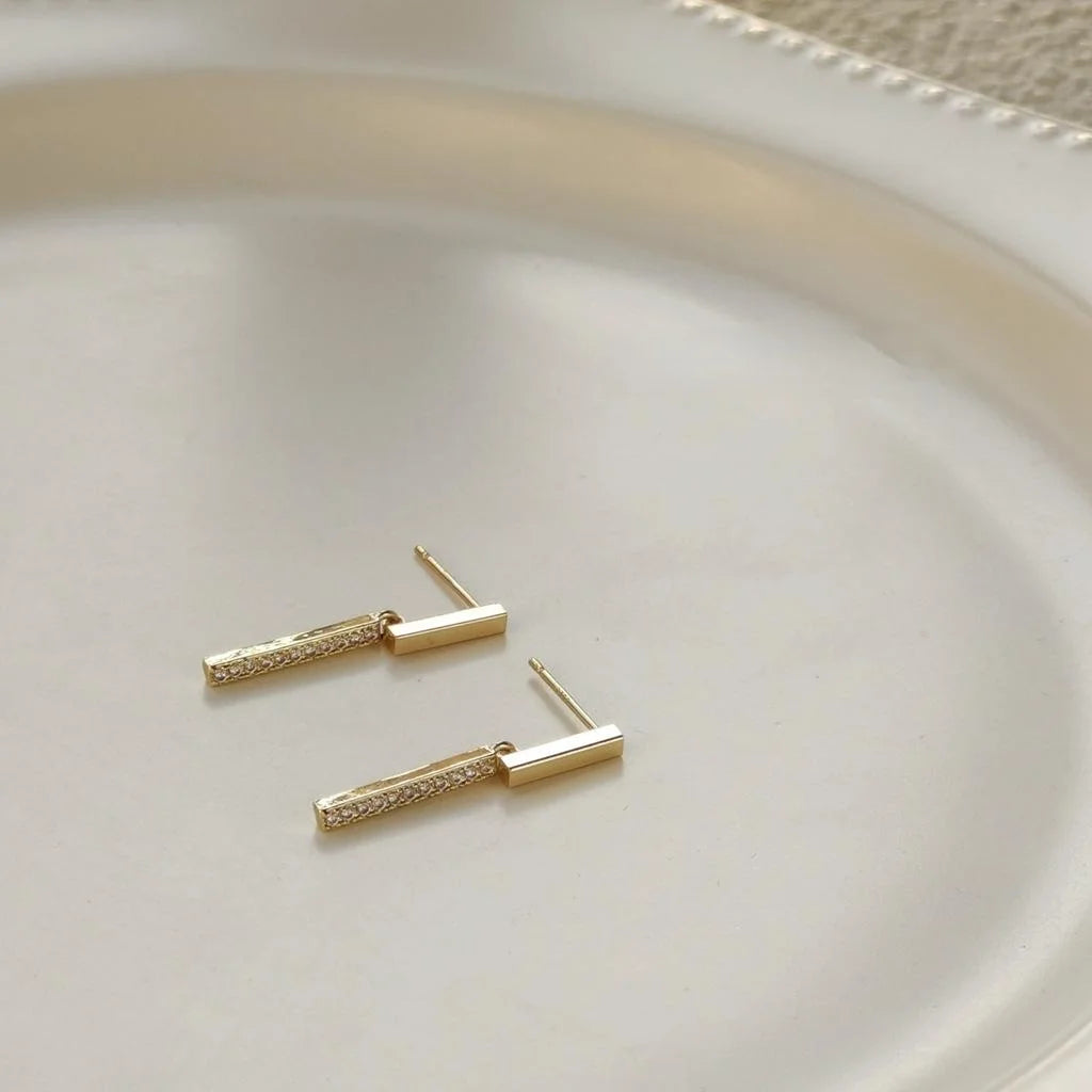 Elegant Minimalist Micro Pave Zircon 14K Plated Geometric Long Bar Stud Earrings